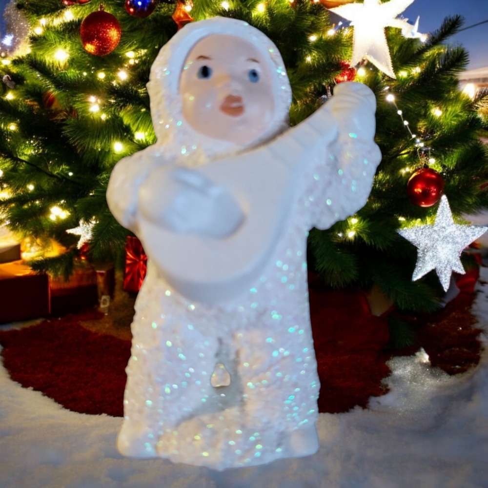 Vtg Christmas Snow Baby Figurine Statue Ukulele 3 1/8” H  Sparkles